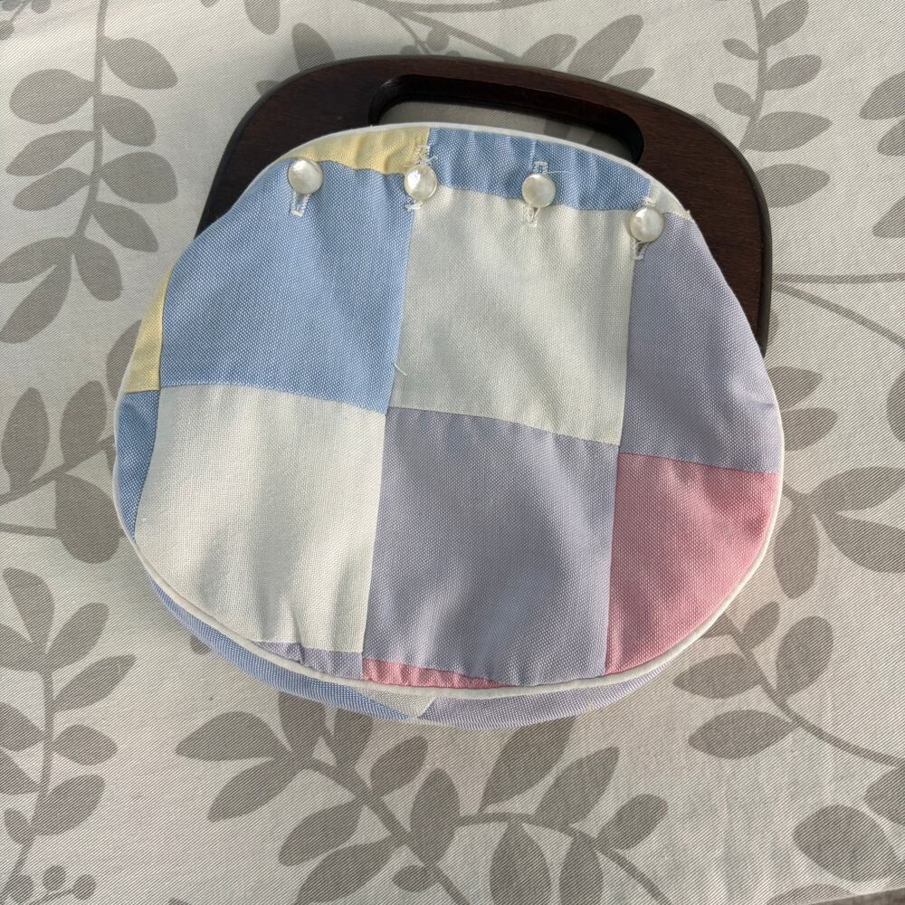 Vintage 70s de’Lanthe Bermuda Bag Pastel Patchwork Changeable Cover Wood handle